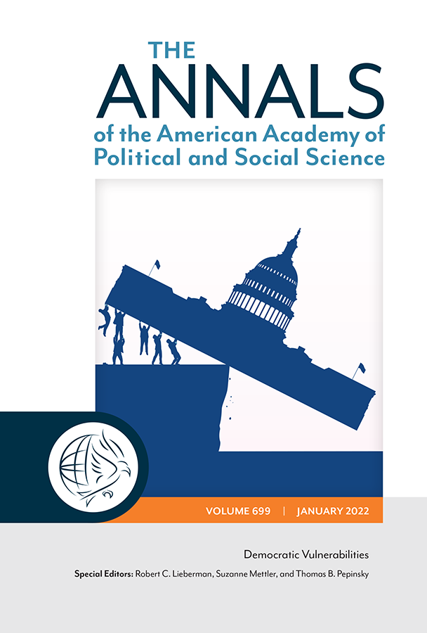 Cover art for the annals of the American Academy of Political and Social Science, Special Issue, titled: Democratic Vulnerabilities. Shows blue silhouette of Capitol Building pushed off a cliff. Special Editors are Robert C Lieberman, Suzanne Mettler, and Thomas B Pepinsky.